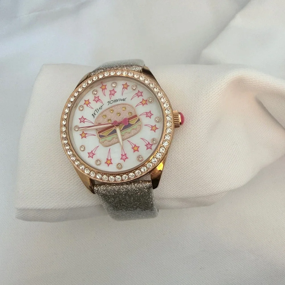 Betsey Johnson Watch Womens OS Silver Burger Rhinestone Glitter Band